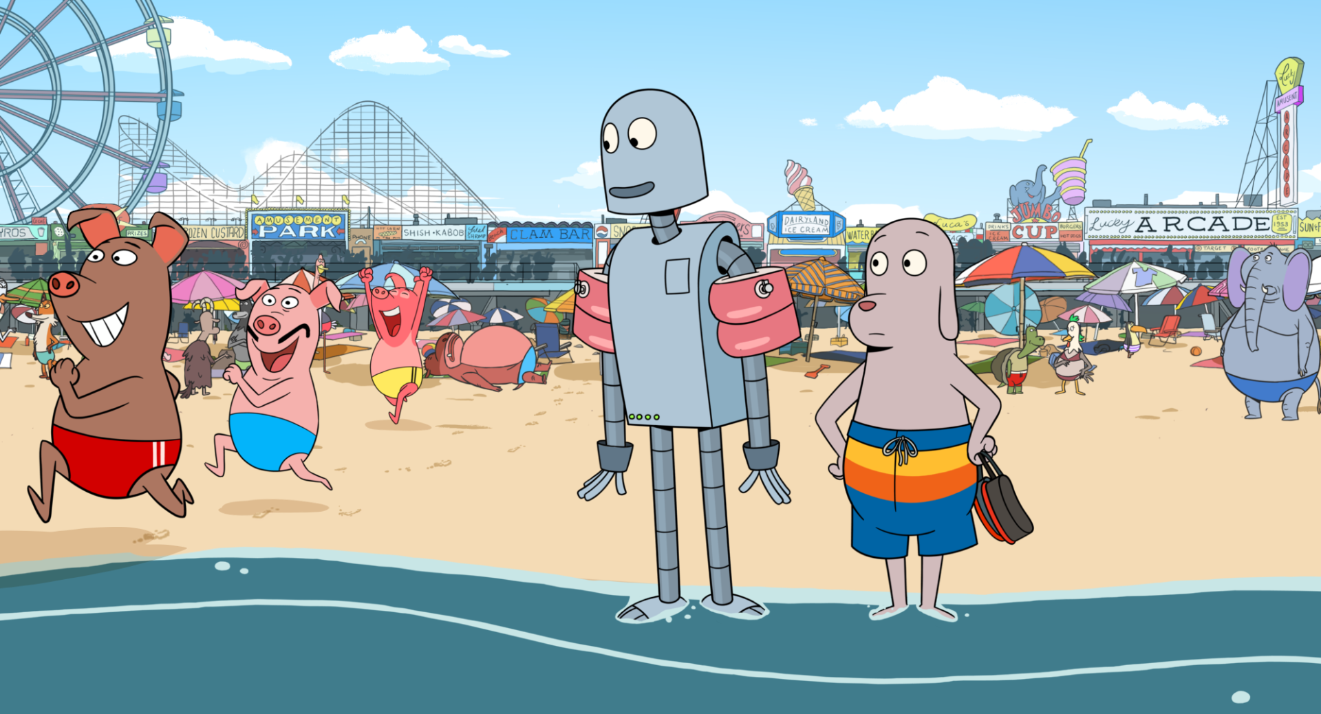 Grafika; Plaża pełna różnych zwierząt w strojach kąpielowych; na pierwszym planie w wodzie stoi robot w rękawkach i pies w kąpielówkach