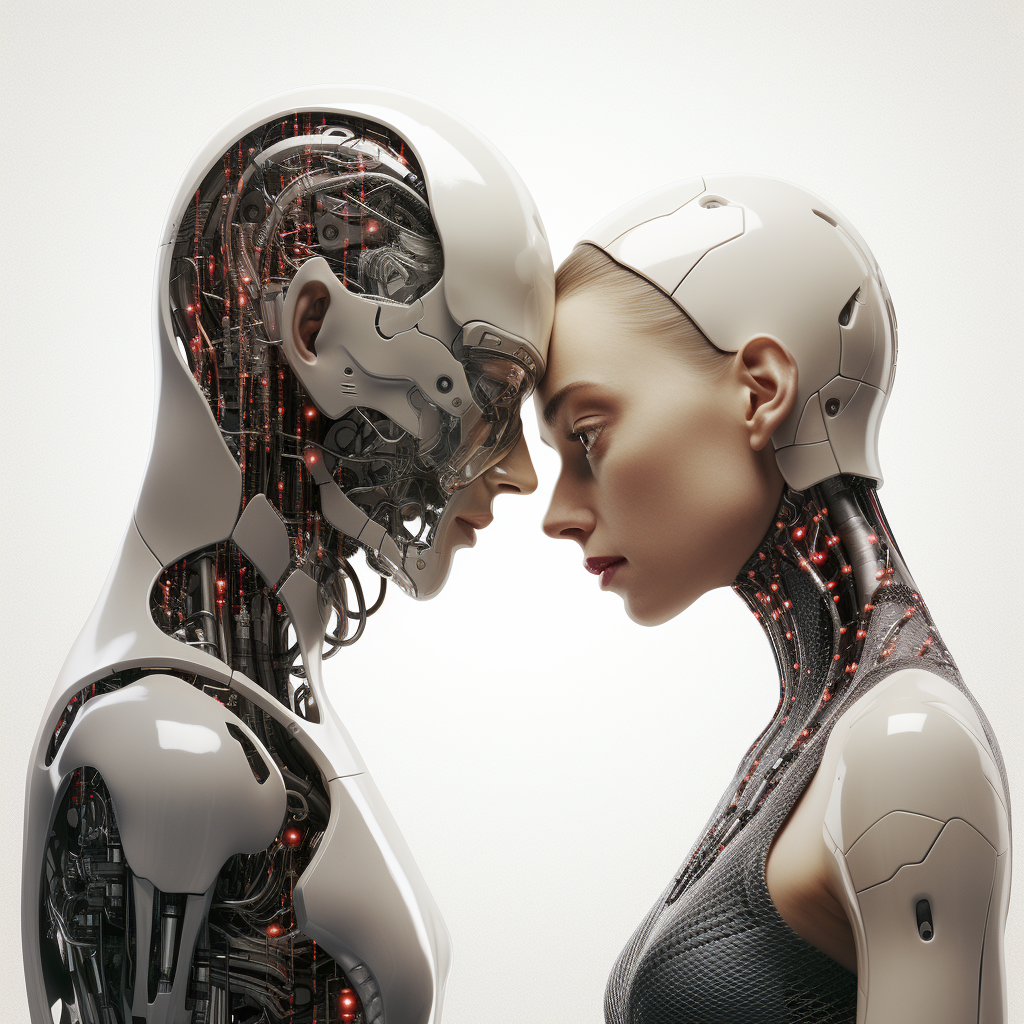 Zdjęcie; Pół kobieta - pół robot styka się czołem z humanoidalnym, białym robotem