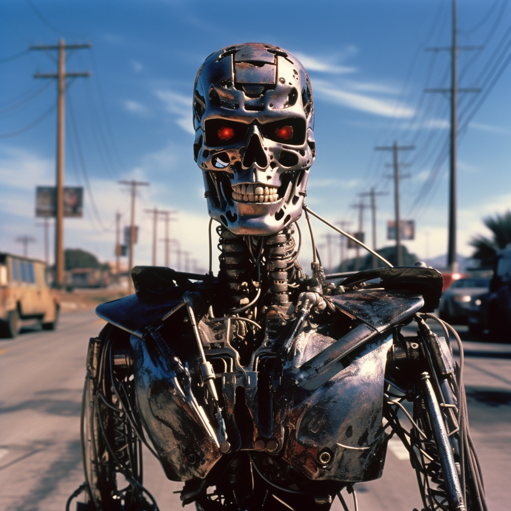 Zdjęcie; Humanoidalny, metalowy robot patrzy w kamerę; jego oczy świecą się na czerwono