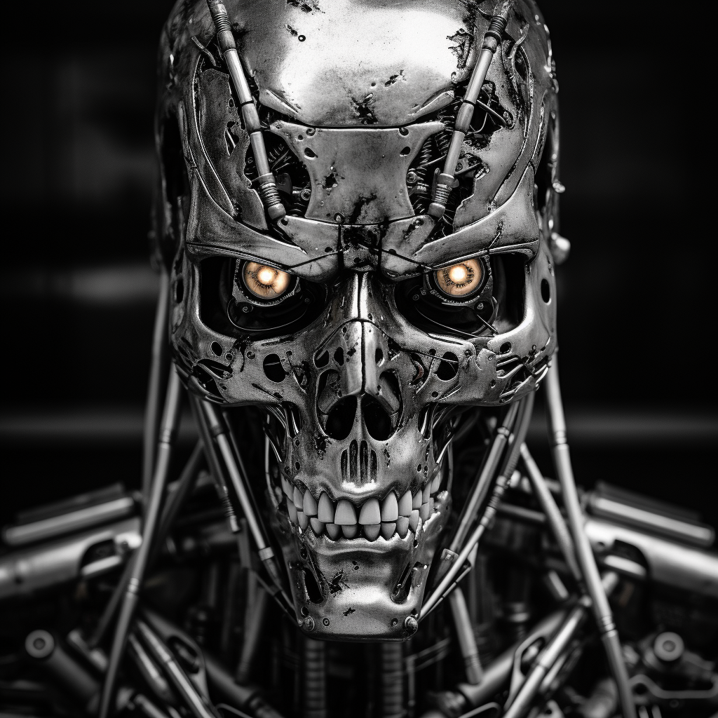 Zdjęcie; Głowa humanoidalnego, metalowego robota